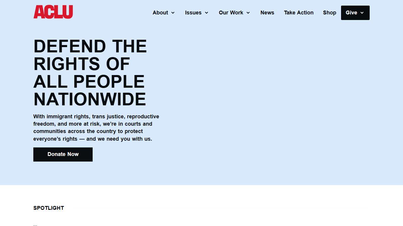 American Civil Liberties Union The ACLU dares to create a more perfect union — beyond one person, party, or side. Our mission is to realize this promise of the United States Constitution for all and expand the reach of its guarantees.